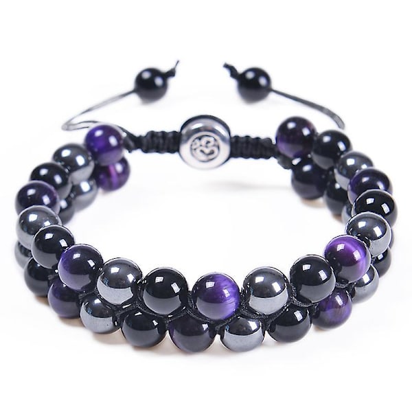 Naturligt Tigerøje Armbånd 8mm Obsidian Armbånd Til Mænd Justerbart Dobbelt Lag Perlearmbånd (lilla Tigerøje + Sort Magnetit + Obsidian Armbånd