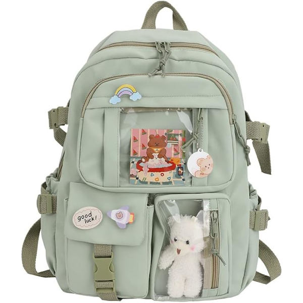 Kawaii rygsæk, Kawaii rygsæk med Kawaii nåle og tilbehør, Kawaii rygsæk til piger studerende, sød æstetisk rejserygsæk grøn