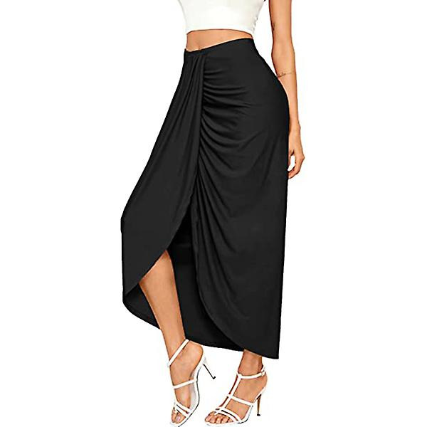 Casual slå-om nederdel med slids til damer, asymmetrisk elastisk højtaljet nederdel Black XS