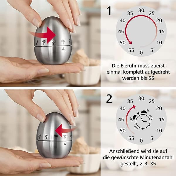 Analog timer (æg-timer med timerfunktion, køkkenalarm i rustfrit stål, køkkentimer) sølv