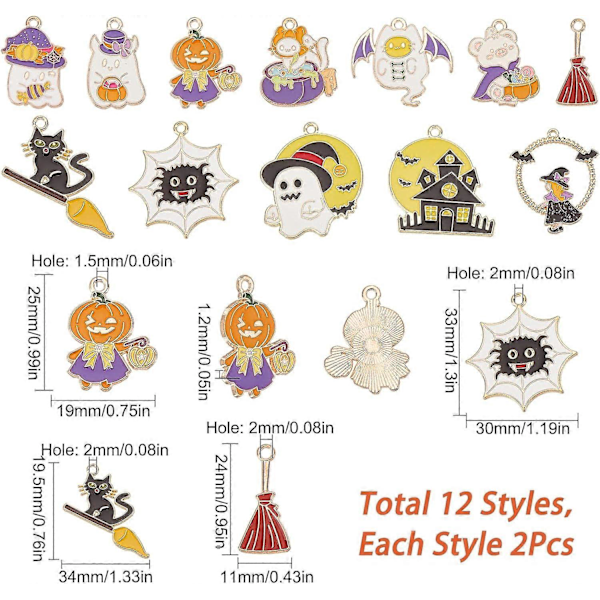 1 Æske 24 stk. 12 Stilarter Halloween-tema Charms Hekse Charms Græskar Spøgelse Charm Sort Kat Charm Fe Magi Charm