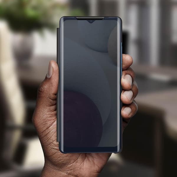 Fuld dækning til Galaxy A12 med gennemsigtig spejldesignklap - Sort