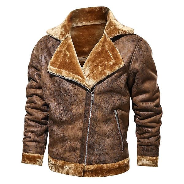 Herr Faux Läderjacka Sherpa Aviator Bomberjacka Brown M