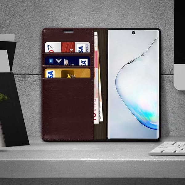 Folio Aitoa Nahkaa Galaxy Note 10 Plus Kotelo Korttipidike Videoteline Punainen Brown