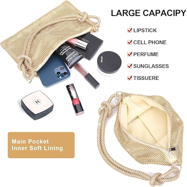 Strass-koristeltu crossbody-laukku naisille, hopea, kirjekuorilaukku, iltalaukku, käsilaukku, kimalteleva strassi, timanttikirjekuorilaukku juhliin, morsiamelle, iltalaukku kulta