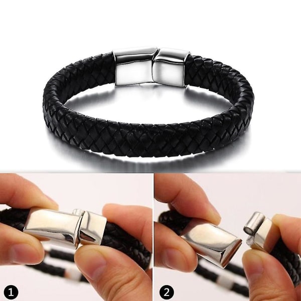 Herrar Punk Armband Läder Flätad Rostfritt Stål Magnetiskt Spänne Vintage Man Casual 18.5cm