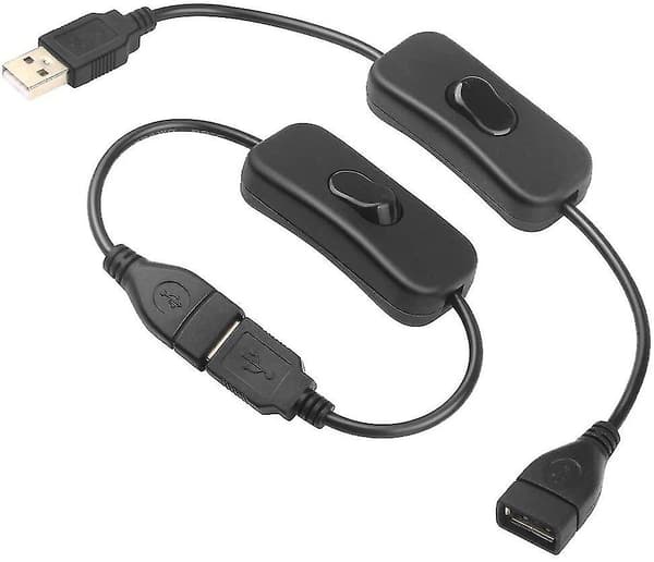 2 stk. USB-switchkabel (0,3 m), USB-tænd/sluk-switch, USB-kabel med switch, USB-forlænger
