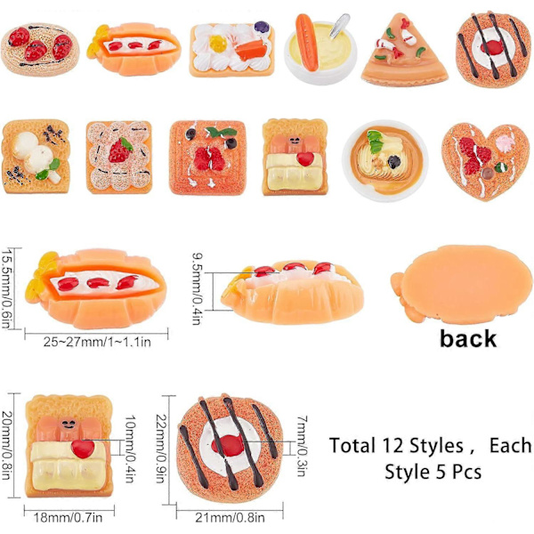 60 st 12 modeller Bröd Cabochon Resin Bröd Charms Smile Charm Bulk Toast Cake Cookie Mat Cabochons