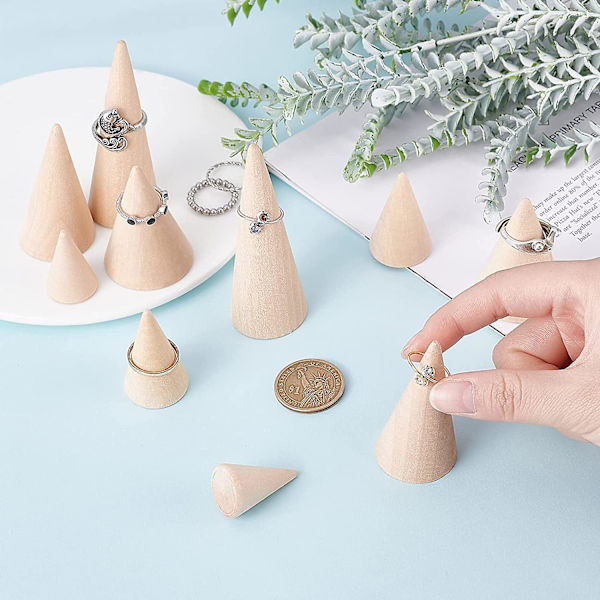 10 st träkonformade ringhållare, 5 olika storlekar, träringdisplayställ, ringdisplayhållare, ringorganisatör, smyckeshållare, DIY-hantverk, träkonställ
