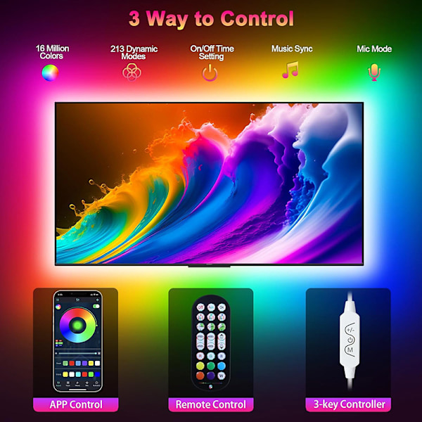 4m LED-lys for 32-55 tommers TV, RGB TV LED-lys bak, Musikk Synkronisering Bluetooth APP og Fjernkontroll
