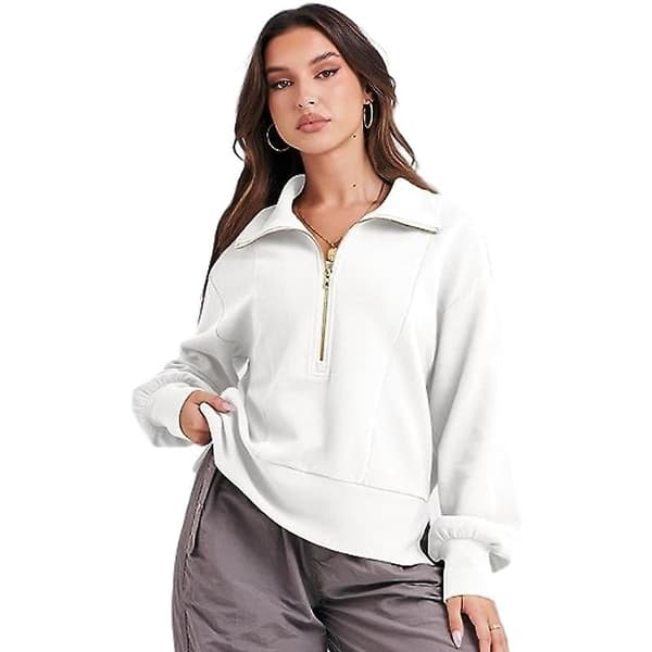 Casual halvlynede sweatshirts til damer, langærmet cropped pullover White 2XL