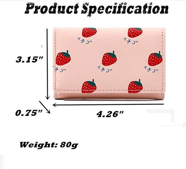Cartoon Frukt Tri-Fold PU Plånbok Multi-Kortfack Liten Plånbok för Present (Rosa)
