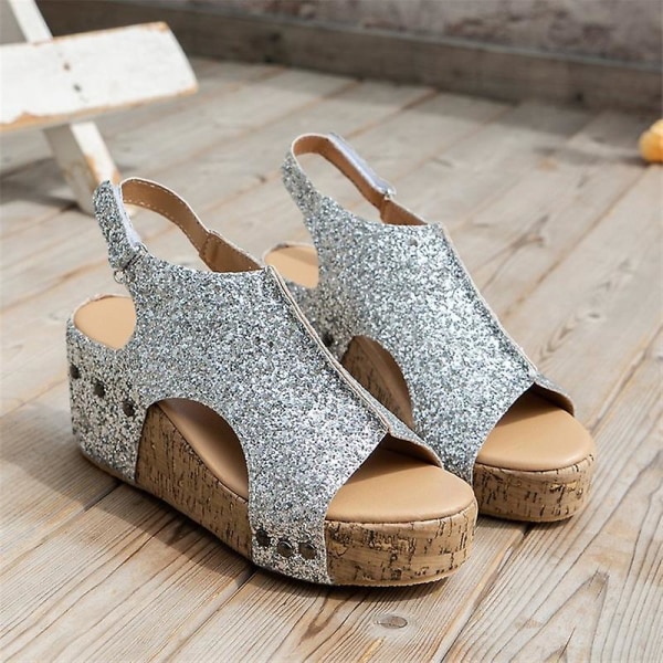 Sandaler Damer Tyk Sål Retro Sandaler Damer Sequin Nitter Velcro Sandaler Silver EU 38