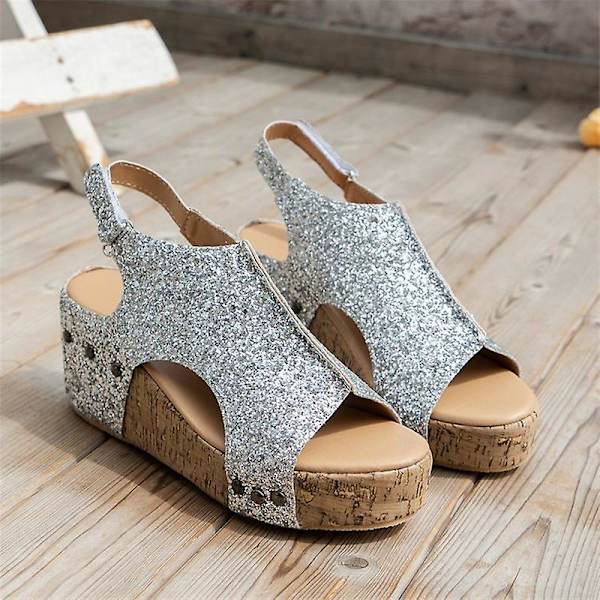 Sandaler Damer Tykk Såle Retro Sandaler Damer Paljettnagler Borrelås Sandaler Silver EU 41