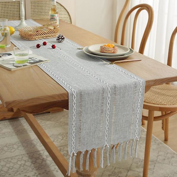 Boho bordslöpare för heminredning, lantlig rustik bordslöpare med tofsar Grey 33x160m