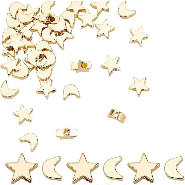 40 st 2 Stilar Mässing Måne Stjärna Pärlor 18K Guldförgylld Platt Pärla Blandad Form Distans Pärlor Långvarig Gyllene Måne Stjärna Pärlor för DIY Smyckestillverkning Cr