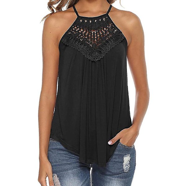Tank Top för kvinnor, casual sommar, halterneck, spaghettiband, spets, ärmlös BLACK XL