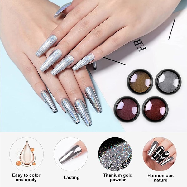 Nagelpulver Metall Spegel Mjöl Holografiskt Pigmentpulver Nagelkonst Dekoration Set 4 Lådor Set4