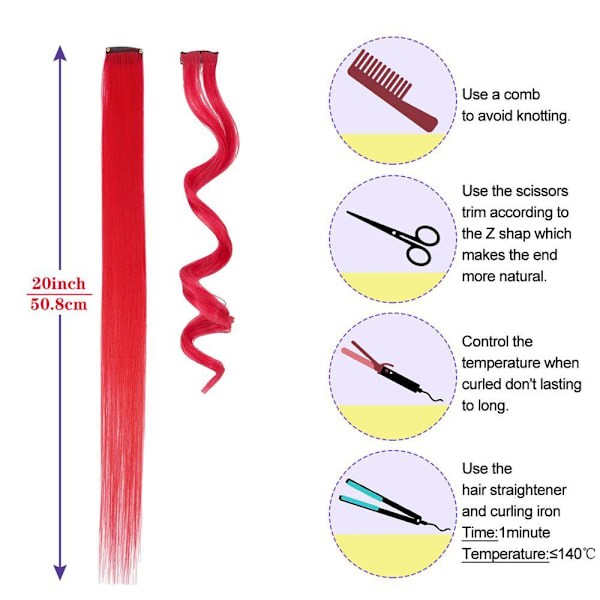 4-Pakning - Clip-on Farget Løshår Extension / Striper - 56 cm Red #4 Röd