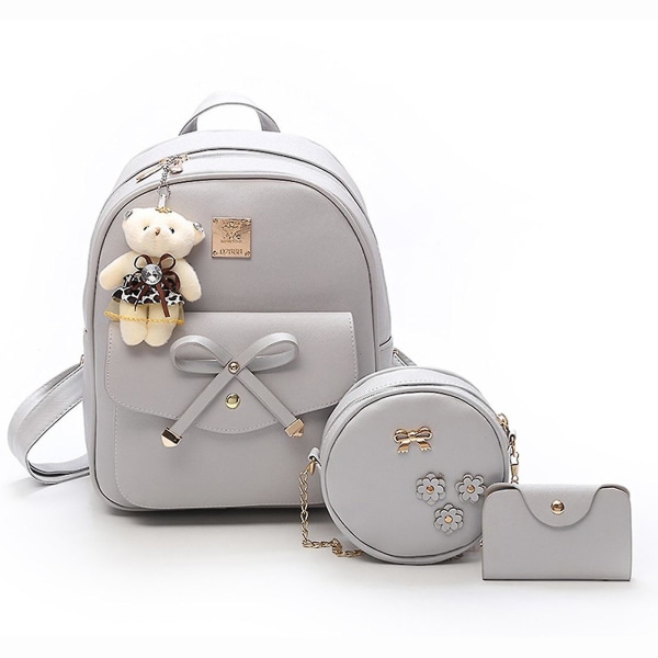 Tyttöjen reppu crossbody-laukku lompakkosetti Söpö nahkainen rusetti 3-osainen laukku matkustamiseen ja ostoksille Gray