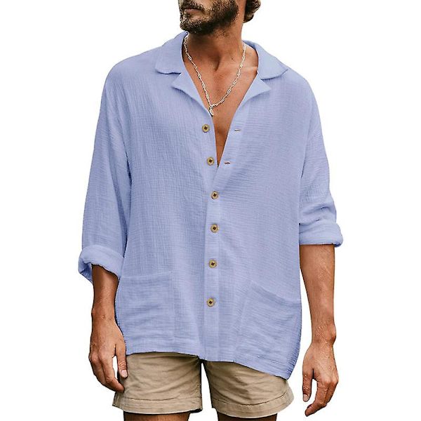 Herre fritidsskjorte langermet lapell krage strandskjorte topp Blue XL