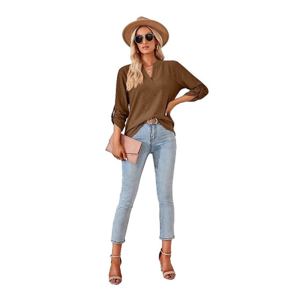 Dame V-hals Kortermet T-skjorte Casual Løse Skjorter Topper Brown S