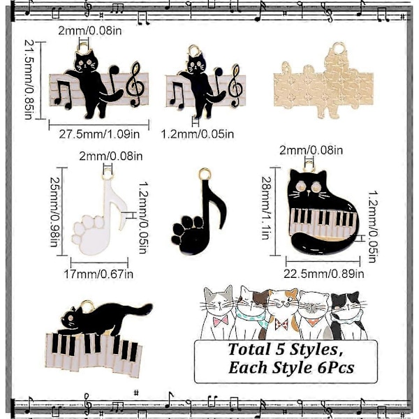30 STK 5 Stil Kat Vedhæng Bulk Sort Kat Vedhæng Bulk Musiknote Musikinstrumenter Klaver Mini Kat Tegneserie Pote Dyr Legering Vedhæng