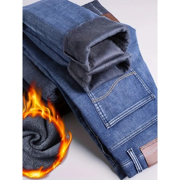Varma fleecejeans för män för företag, casual jeansbyxor i streetstyle med fickor för höst och vinter blue Asia 37