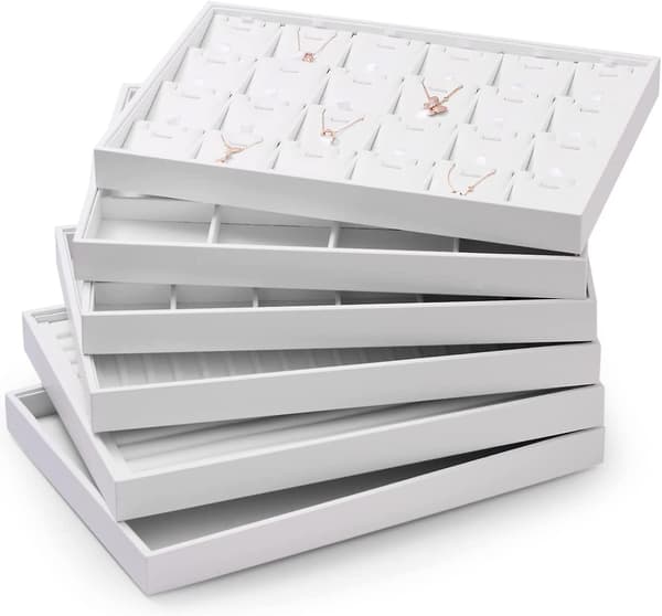 Premium vit läder stapelbar smyckesbricka ringhållare arrangör showcase ring örhänge display