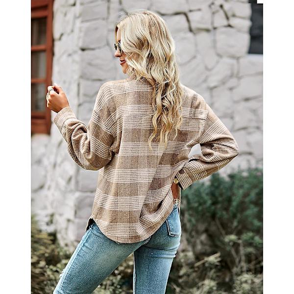 Rutete skjorte i landlig stil 2023 Høst og vinter Cardigan Lang kåpe Topp Dame Mote Løs khaki XL