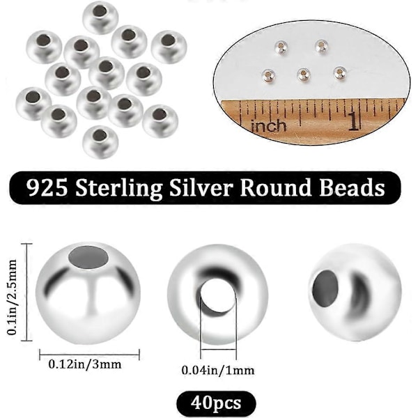 1 Ask 40 st 3 mm Runda Distanspärlor Sterling Silver Lösa Pärlor Små Hål Distanspärlor Smyckesdelar