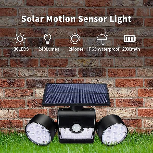 Utomhus solcellslampa, utomhus solcells vägglampa, med 30 vattentäta dubbla LED-strålkastare, 360 graders rotation, sensor
