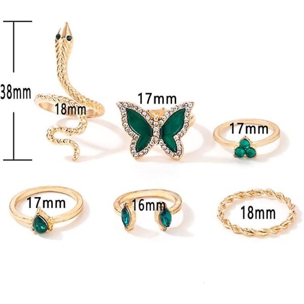 6 Pices Papillon Vert Knuckle Crystal Snake-shape Ring Set Water Drop Imitation Emerald Finger Joint Stackable Ring Jewelry Pour Femmes Et Filles