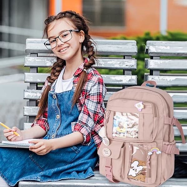 Kawaii ryggsäck, Kawaii ryggsäck med Kawaii stift och tillbehör, Kawaii ryggsäck för flickor studenter, söt estetisk reseryggsäck lila