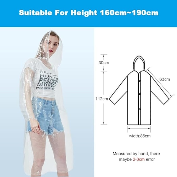 Regnponcho engangs, 5-pak transparent regnponcho til kvinder og mænd, nødponchoer med snørehætte, engangsregnkappe transparent til camping