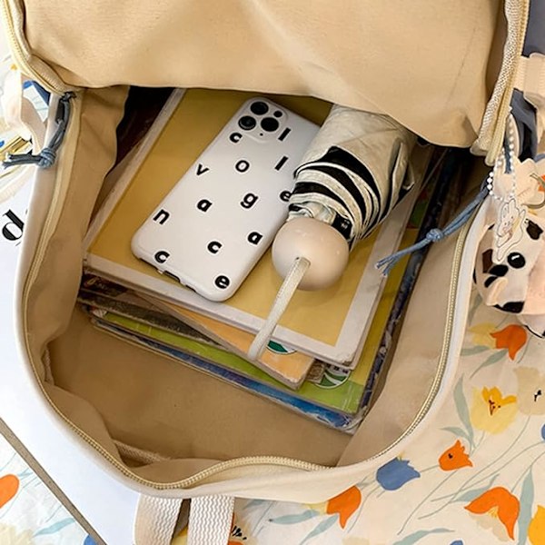 ryggsekk med anheng og tilbehør elever-bokveske, vakker ryggsekk, reise, Harajuku, skolesekk for tenåringsjenter svart