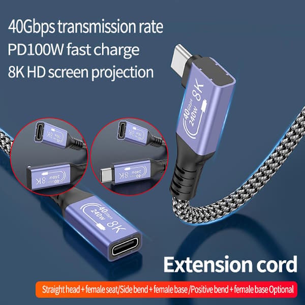 USB C 4 Datakabel Typ C Förlängningskabel Hög Hastighet 40Gbps Dataöverföring 8K60Hz Video för Bärbara Datorer Smartphones Side bend