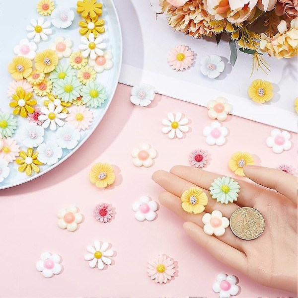 80 STK 10 Stilarter Cabochon Blomster Resin Charms 3D Daisy Blomster Flatback Mini Tusindfryd Løse Perle Cabochons Charms