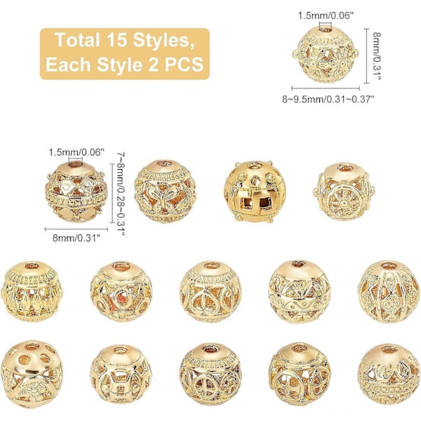 Hålrunda Distanspärlor 30 st 18K Guldförgylld Tibetansk Stil Lösa Pärlor 8mm Legering Boll Charm Pärlor