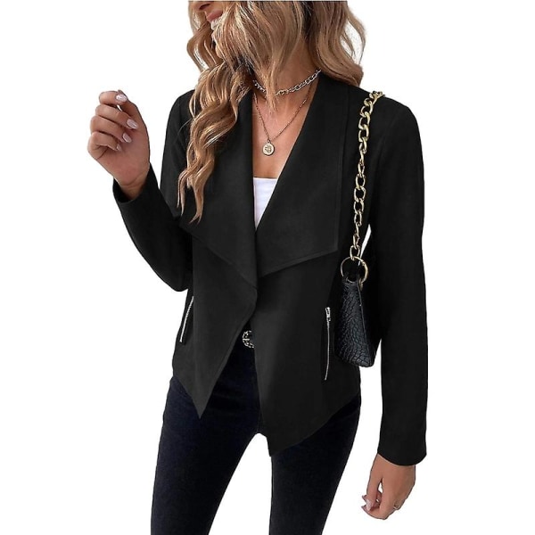 Skinnjacka för kvinnor, motorcykeljacka med dragkedja Casual Short Coat Ytterkläder Black L