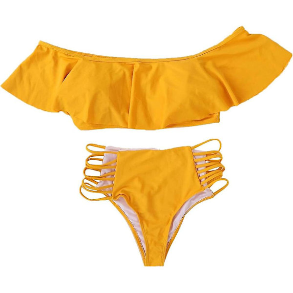 Naisten röyhelöinen olkaimeton seksikäs uimapuku kaksiosainen bikini Yellow L