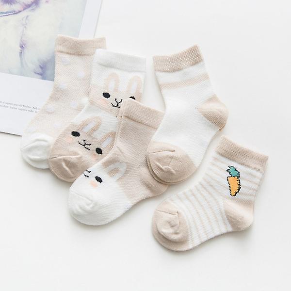 5 par söta tecknade barnsockor andningsbara tunna babystrumpor Khaki L(4-6Year old)