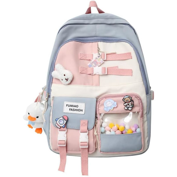 Kawaii ryggsäck med stift ankungar  tillbehör, estetisk dagväska japansk pastell bärbar dator söt tillbaka till skolan blå