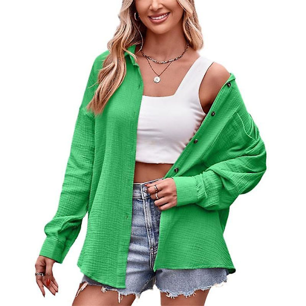 Naisten rento pitkähihainen paita, löysä kauluspaita Green 2XL