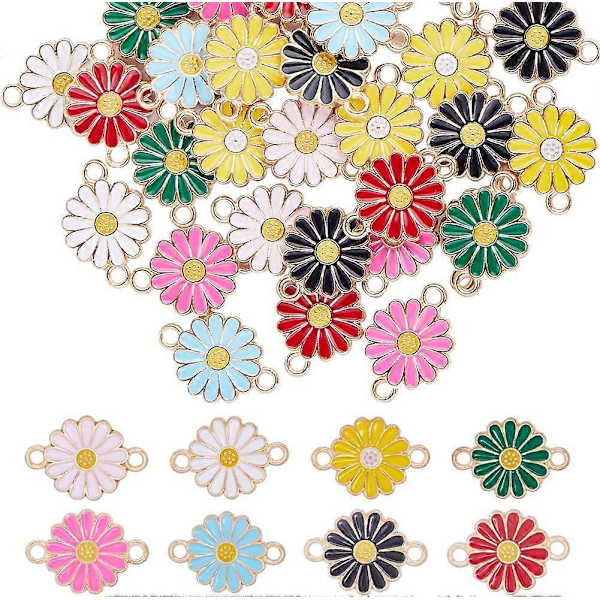 1 Ask 48 st 8 Färger Solros Charm Bulk Emalj Solros Charm Guld Blommig Daisy Connector Legering Blommor Växter Kopplingar för Smyckestillverkning Charms