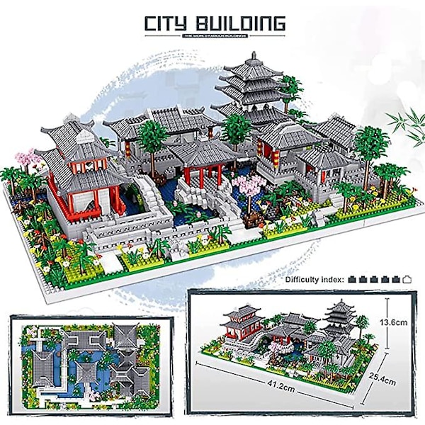 Kina De klassiske hagene i Suzhou Samling Berømt arkitektur Modell Byggekloss Sett (3930 stk) Mikro Mini Klosser Leker Gaver