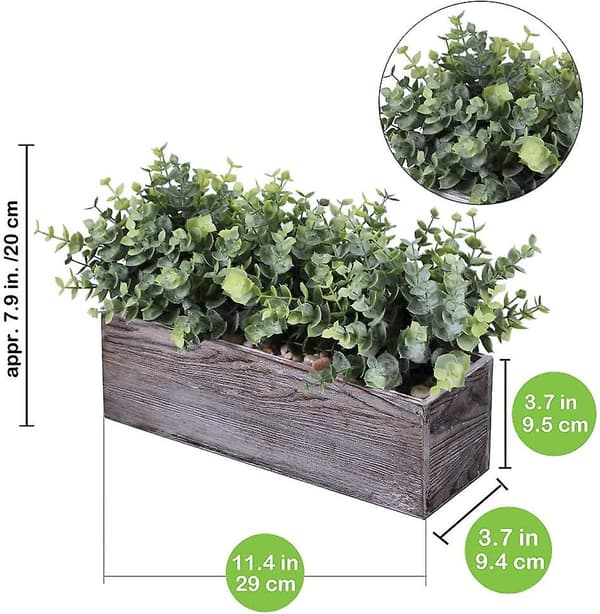 Kunstige Eucalyptusplanter i Rustikk Rektangulær Treplanterboks - Kunstig Eucalyptusgrønt Arrangement - Potteplante - Borddekor