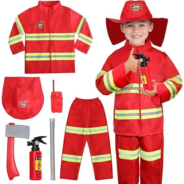 Brandmandskostume til børn, brandmandskostume, brandmandskostume til børn med 8 tilbehørsdele, egnet til kostumer, brandtræning