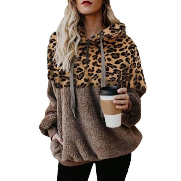 Hoodie för kvinnor Leopardmönstrad plyschtröja med fickor Dragsko huva L Red Khaki