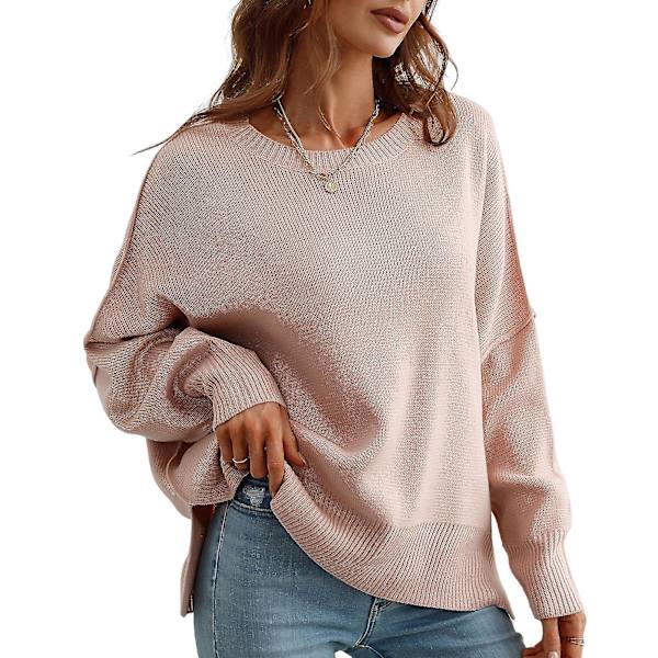 Genser for kvinner, avslappet ribbestrikket pullovertopp for skole, kontor, avslapning, hverdagsbruk XL Pink